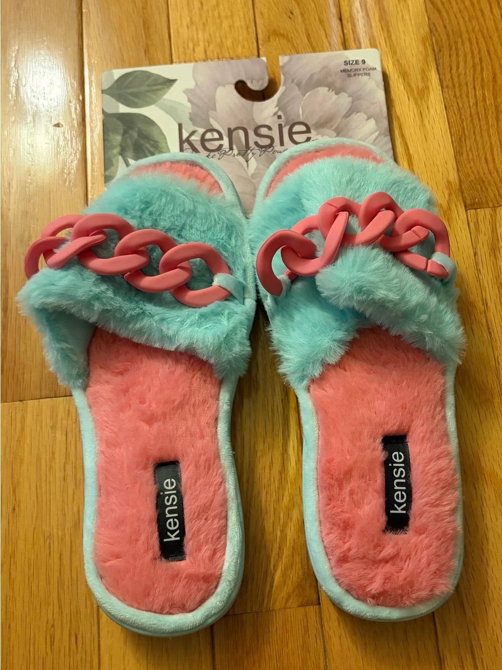 Kensie Aqua & Coral Plush Slide Sandals with Pink Chain
